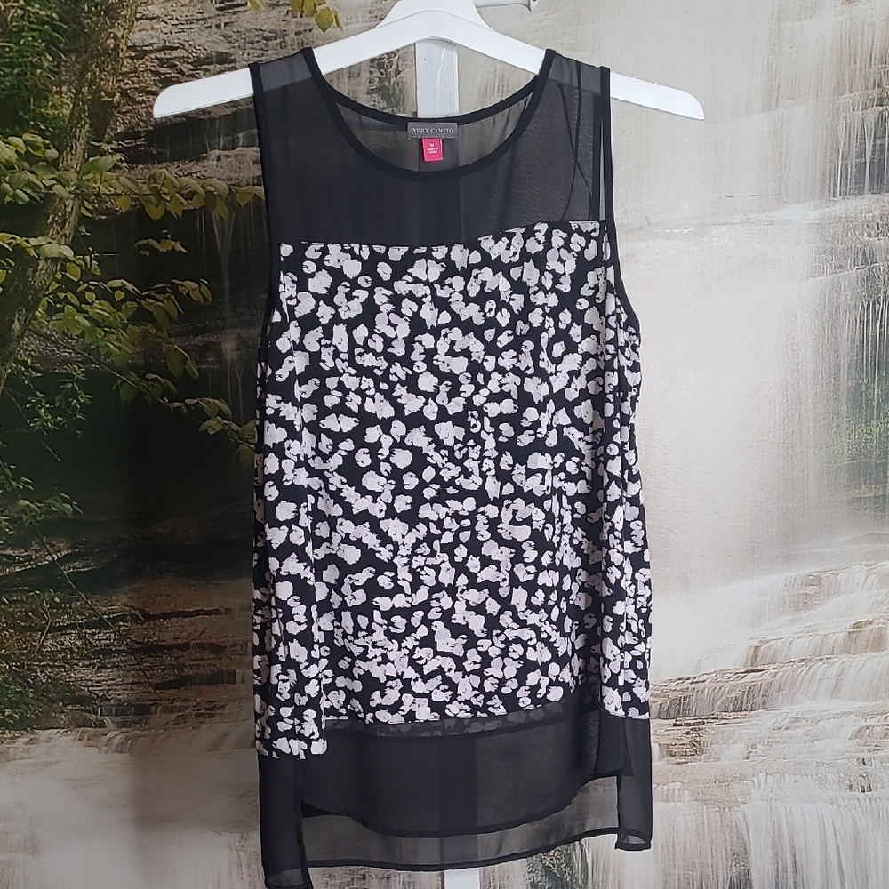 Vince Camuto Womens Medium Classic Dressy Black & White Sleeveless Blouse